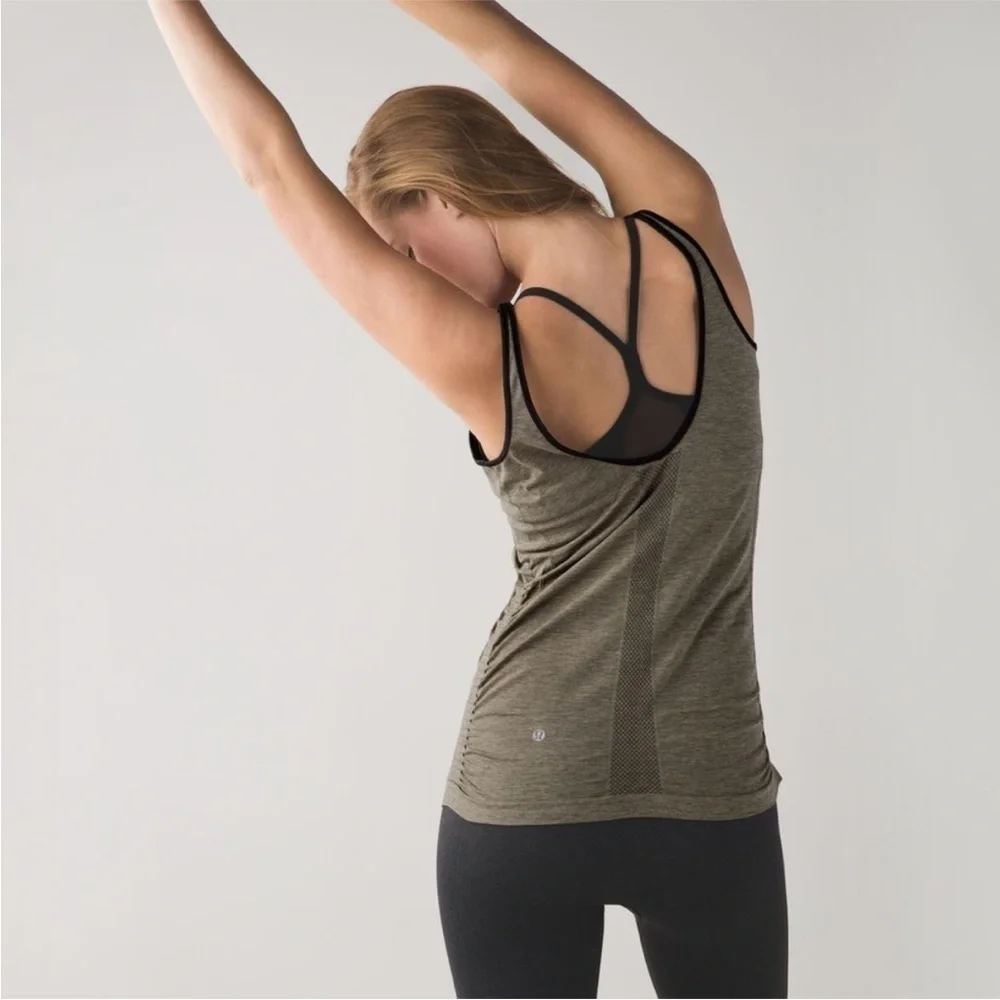 Lululemon In The Flow Ruched Tank Top Olive Heathered Fatigue Green